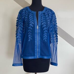 Colleen Lopez Vibrant Blue Sheer Faux Leather Jacket Women’s Sz S Leaf Details
